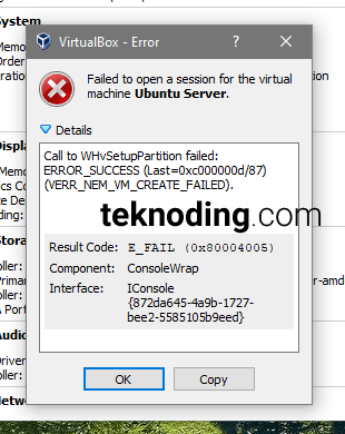 error virtualbox e fail Failed to open a session for the virtual machine windows 10
