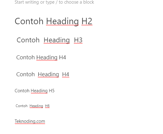 Contoh Heading H2 - H6 daftar isi wordpress