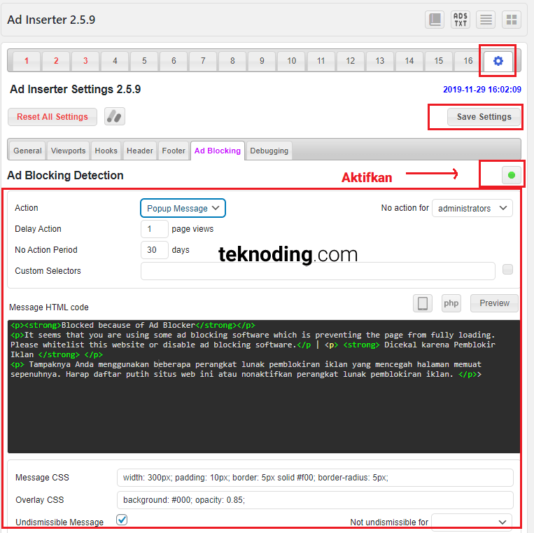 Settingan Ad Blocking Detection anti adblock ad inserter plugin wordpress