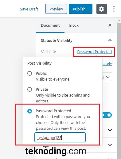 Post Visibility > Password Protected wordpress