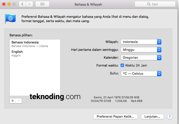 Bahasa & Wilayah ganti system pilihan bahasa indonesia di mac osx  macbook pro imac