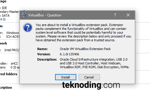 Install Extension Pack virtualbox