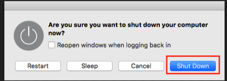 jendela kotak dialog Shut Down macbook mac os x