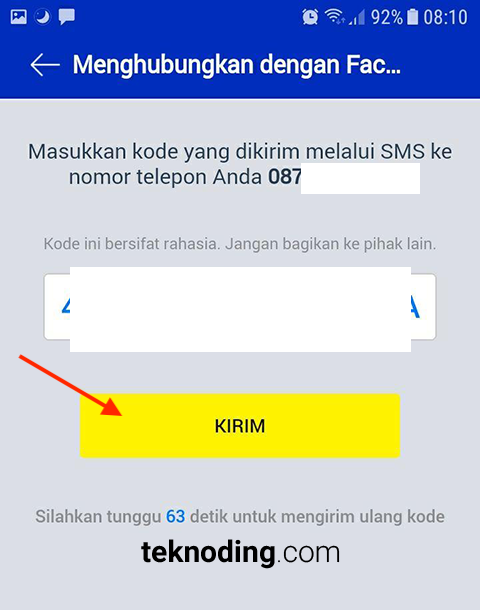 Masukan kode verifikasi untuk menghubungkan Facebook aplikasi myxl android