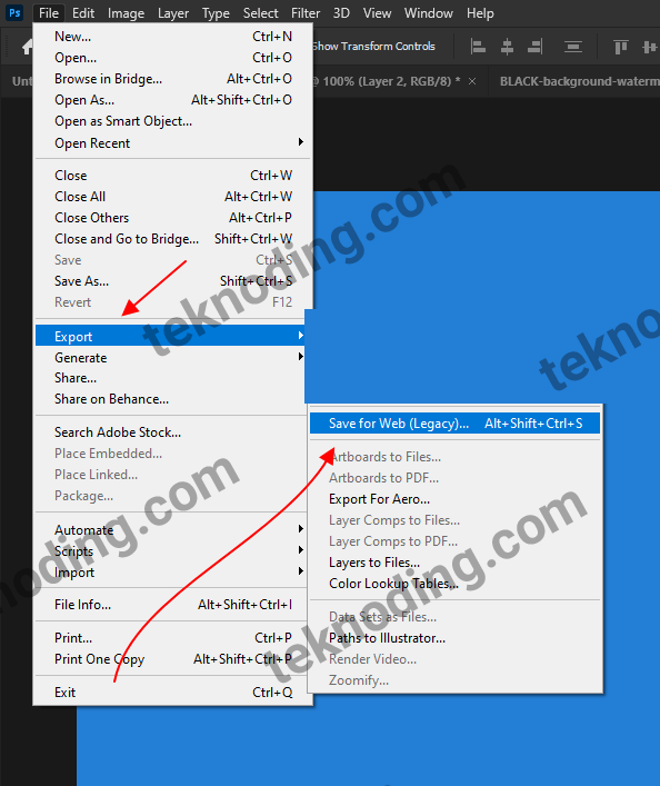 cara export file save for web 