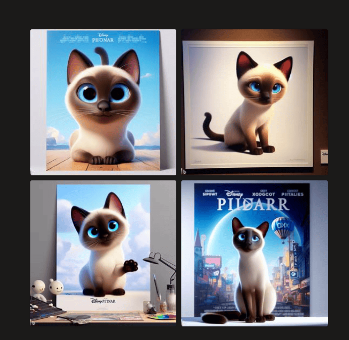 hasil contoh deskripsi bing image creator disney ai microsoft dengan tema kucing binatang 3d animation