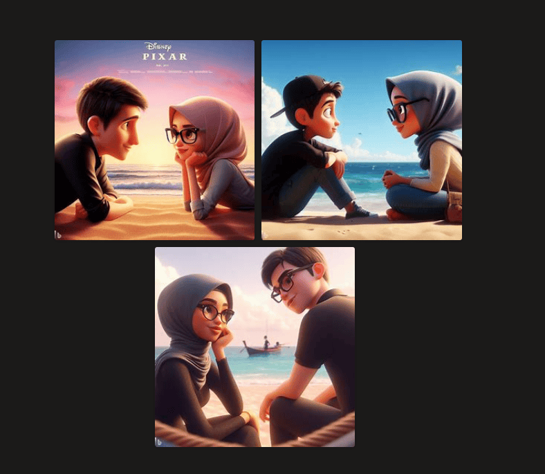 hasil contoh deskripsi bing image creator disney hijab ai microsoft dengan tema bareng pacar couple pasangan 3d animation
